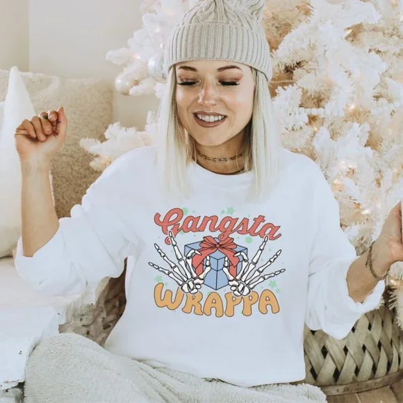 Gangsta Wrappa Christmas Sweatshirt / Funny Christmas Sweatshirt / White - Picture 2 of 4